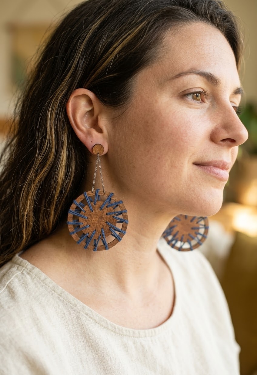 Handwoven and wood earrings