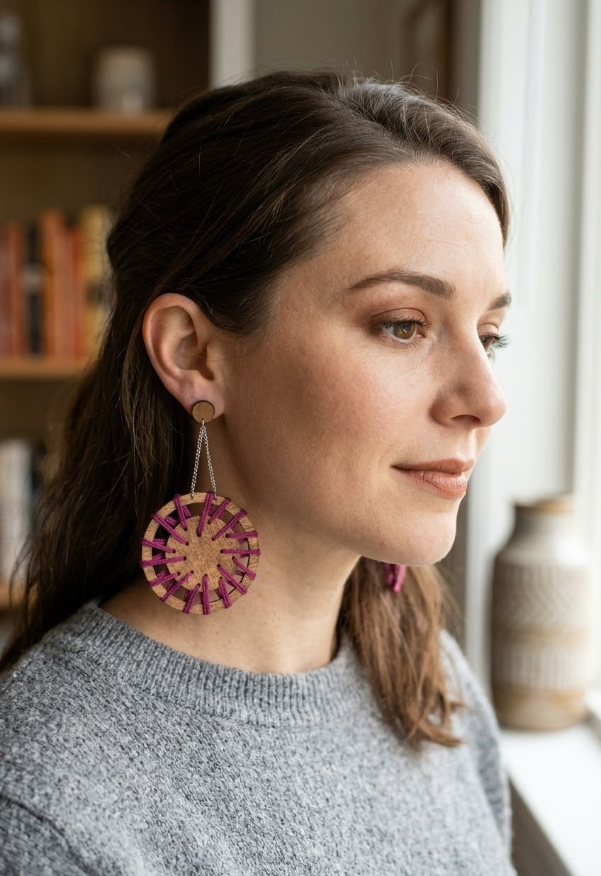 Handwoven and wood earrings